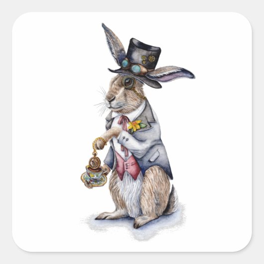 Steampunk March Hare Vierkante Sticker (Voorkant)