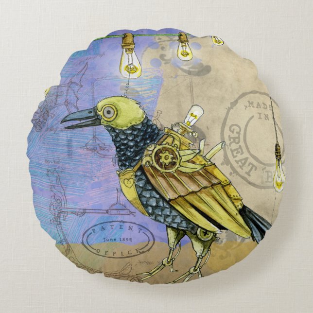 Steampunk Mechanical Bird Engineering Vaderdag Rond Kussen (Voorkant)