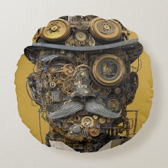 Steampunk Mechanical Gentleman Rond Kussen (Voorkant)