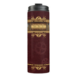 Steampunk, messing op kroontandwielen, monogram thermosbeker