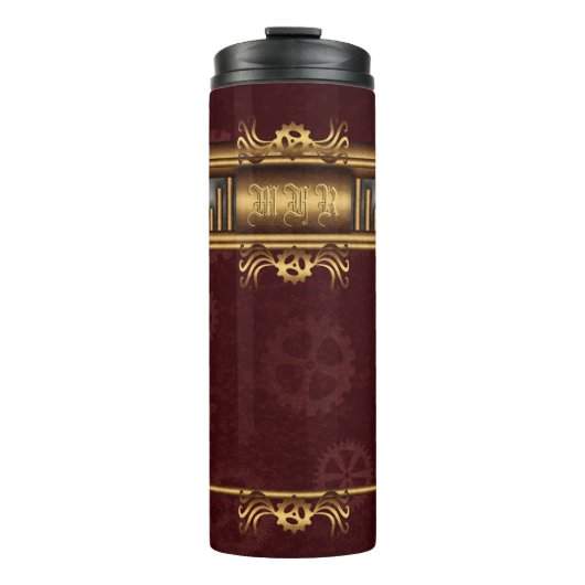 Steampunk, messing op kroontandwielen, monogram thermosbeker (Voorkant)