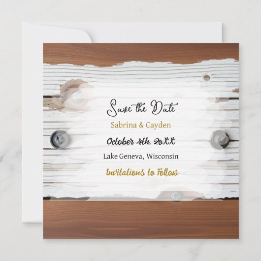 Steampunk metaal en hout gepersonaliseerde bruilof save the date (Achterkant)