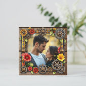 Steampunk metaal & hout gepersonaliseerde bruiloft save the date (Staand voorkant)