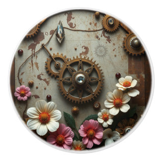 Steampunk Metal Flowers, Gears and Diamonds Keramische Knop