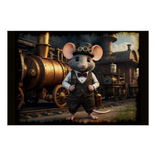 Steampunk Muis en Trein Perfect Poster