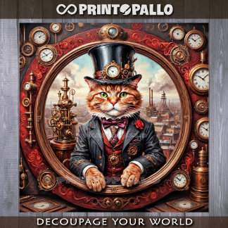 Steampunk noble red cat in a frame - Decoupage Inpakpapier Vel