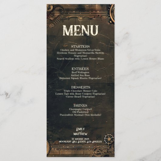 Steampunk Noir Affair Bruiloft Menu (Voorkant)