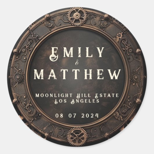 Steampunk Noir Affair Bruiloft Ronde Sticker (Voorkant)