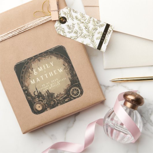 Steampunk Noir Affair Bruiloft Vierkante Sticker (Geschenken)