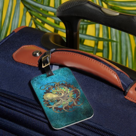 Steampunk Octopus & Clockwork Gears Bagagelabel (Voorkant Insitu 1)