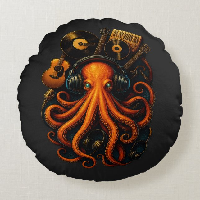 "Steampunk Octopus Round Coussin - Imaginaire Musi (Devant)