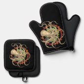 Steampunk Octopus & Rusty Clockwork Gear Ovenwant & Pannenlap Set (Voorkant / Achterkant)