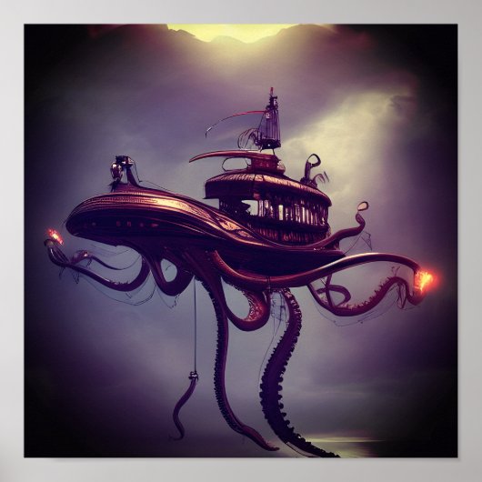 Steampunk Octopus Ship Fantasy Art Poster (Voorkant)