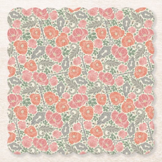  Steampunk Old Lock Key Red Poppy Kartonnen Onderzetters (Voorkant)