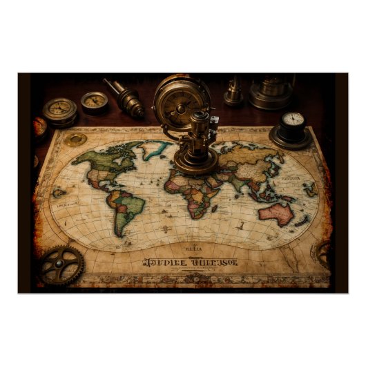 Steampunk Olde Wereldkaart Perfect Poster (Voorkant)
