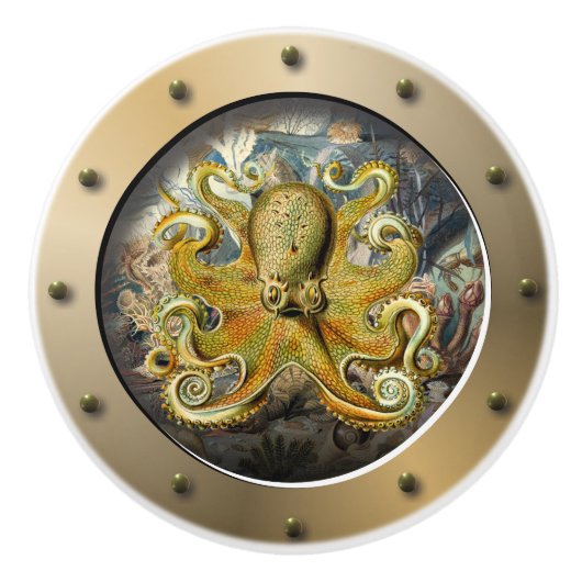 Steampunk onderzeeër Porthole Octopus Keramische Knop (Voorkant)