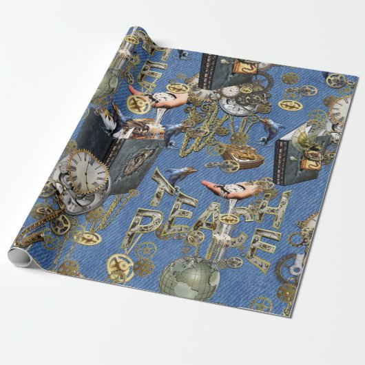 Steampunk op Blue Denim Cadeaupapier (Uitgerold)