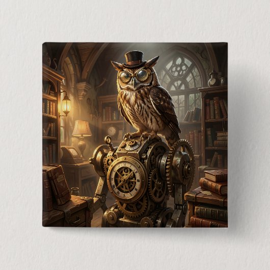 steampunk owl clockwork art button (Voorkant)