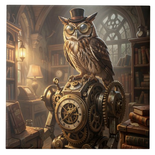 steampunk owl clockwork art tile tegeltje (Voorkant)