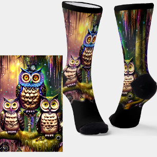 Steampunk Owl Familie in het bos op zwart Sokken