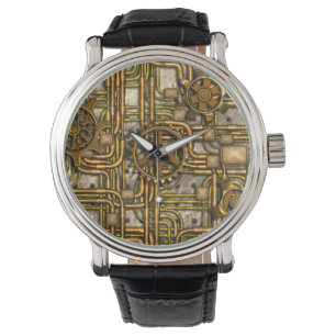 Steampunk-paneel - Tandwielen en pijpen - messing Horloge