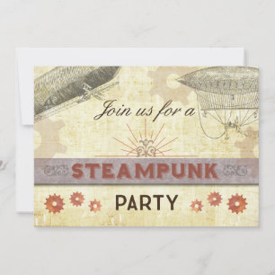 Steampunk  Party Invitation, Gears/Dirigibl Kaart