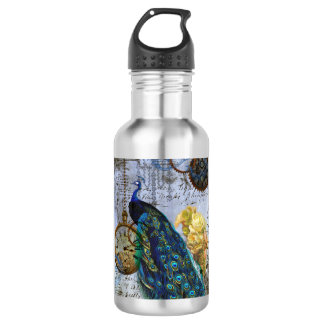 Steampunk Peacock Time Clock Yellow Roses Waterfles