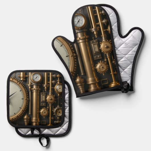 Steampunk pijpen en meters ovenwant & pannenlap set (Voorkant / Achterkant)