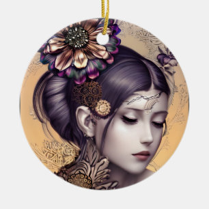 Steampunk Prinses met een Koperkleurige Bloem Keramisch Ornament