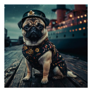 Steampunk Pug Shipmaster Portret Perfect Poster