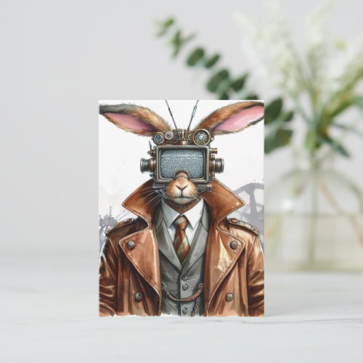 Steampunk Rabbit Man Met een tv op Zijn Hoofd Briefkaart (Staand voorkant)