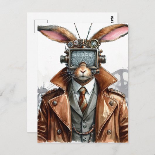 Steampunk Rabbit Man Met een tv op Zijn Hoofd Briefkaart (Voorkant / Achterkant)