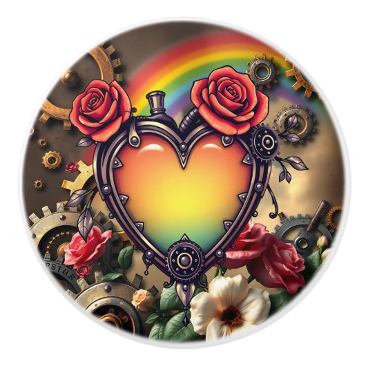 Steampunk Rainbow Heart and Gears Keramische Knop (Voorkant)