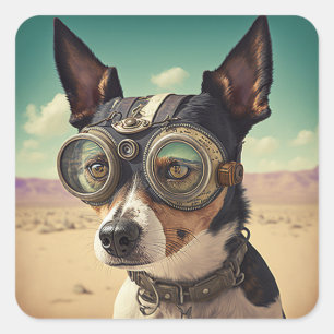 Steampunk Rat Terrier Dog in woestijn Vierkante Sticker