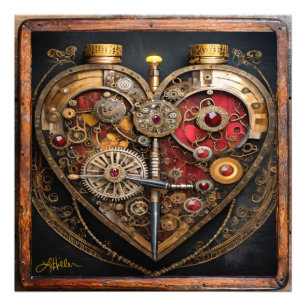 Steampunk Robijnen En Tandwielen Donker Hart Foto Afdruk