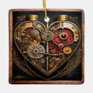 Steampunk Robijnen En Tandwielen Donker Hart  Keramisch Ornament