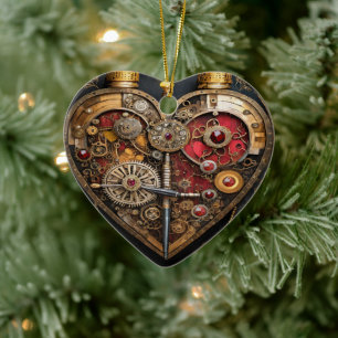 Steampunk Robijnen En Tandwielen Donker Hart  Keramisch Ornament