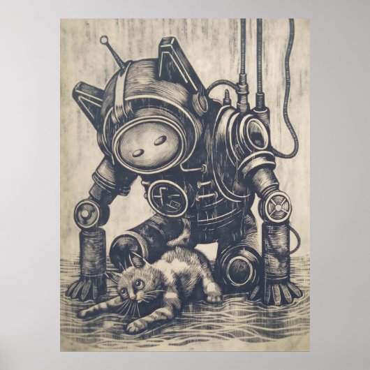 Steampunk Robot Linocut Poster (Voorkant)