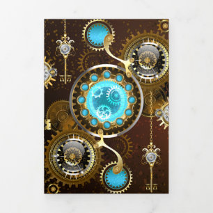 Steampunk Roestige Achtergrond met Turkooisen Lenz Drieluik Wenskaart
