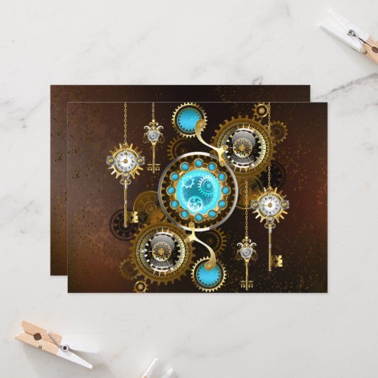 Steampunk roestige achtergrond met turkooizen lenz kaart (Voorkant / Achterkant in situ)