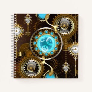 Steampunk roestige achtergrond met turkooizen lenz notitieboek