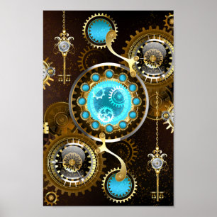 Steampunk roestige achtergrond met turkooizen lenz poster