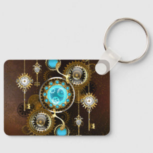 Steampunk roestige achtergrond met turquoise glaze sleutelhanger