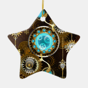 Steampunk roestige achtergrond met turquoise lenze keramisch ornament