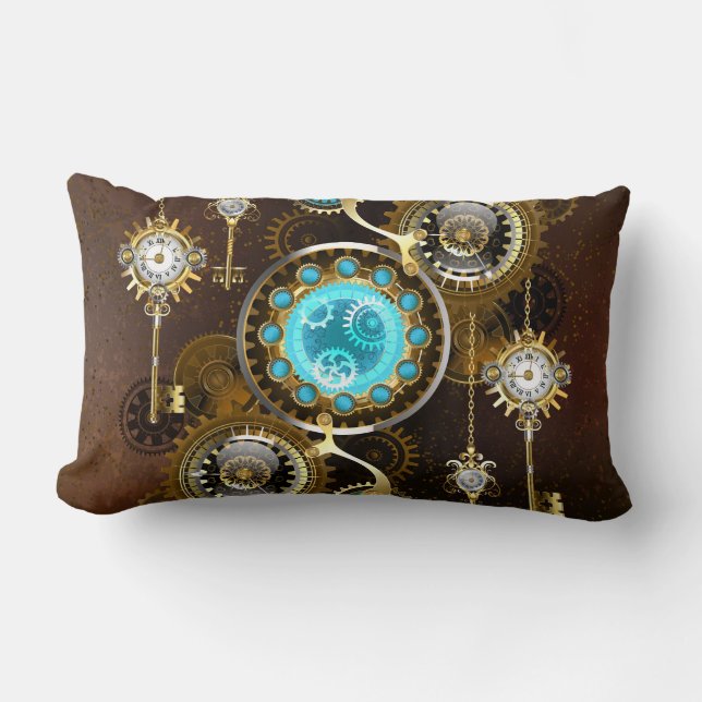 Steampunk Roestige Achtergrond met Turquoise Lenze Kussen (Voorkant)