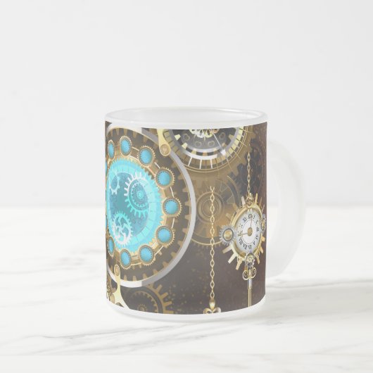 Steampunk roestige achtergrond met turquoise lenze matglas koffiemok (Voorkant rechts)