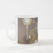 Steampunk roestige achtergrond met turquoise lenze matglas koffiemok (Links)