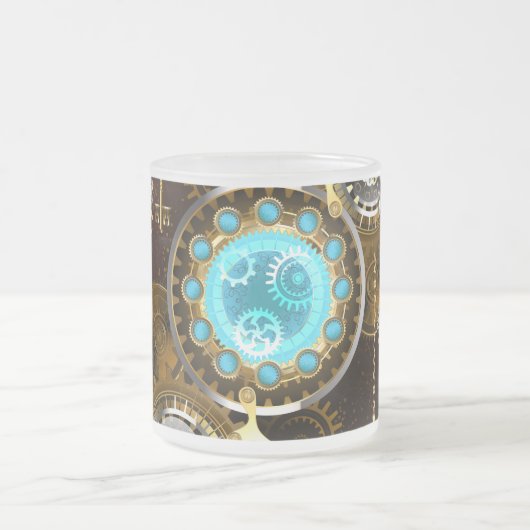 Steampunk roestige achtergrond met turquoise lenze matglas koffiemok (Center)