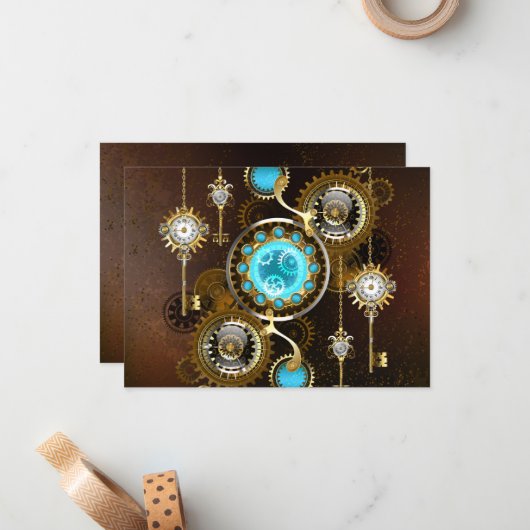 Steampunk Roestige Achtergrond met Turquoise Lenze Notitiekaartje (Voorkant / Achterkant in situ)