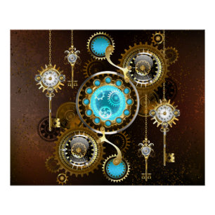 Steampunk Roestige Achtergrond met Turquoise Lenze Perfect Poster